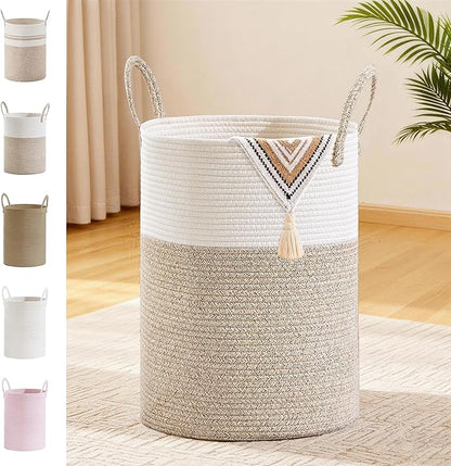 SunNewt Tall Laundry Basket with Handles, 58L Portable Dirty Clothes Hamper, Boho Cotton Rope Storage Bin for Blankets Kids Toys Gifts, Decorative Organizer for Baby Nursery Bedroom Bathroom, Brown