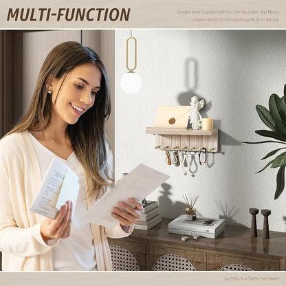 Rebee Vision Key Holder Wall Mount for Farmhouse Decor - Key and Mail Holder for Wall with 7 Sturdy Key Hooks and Floating Shelf - Ideal for Apartment Essentials (Natural Wood