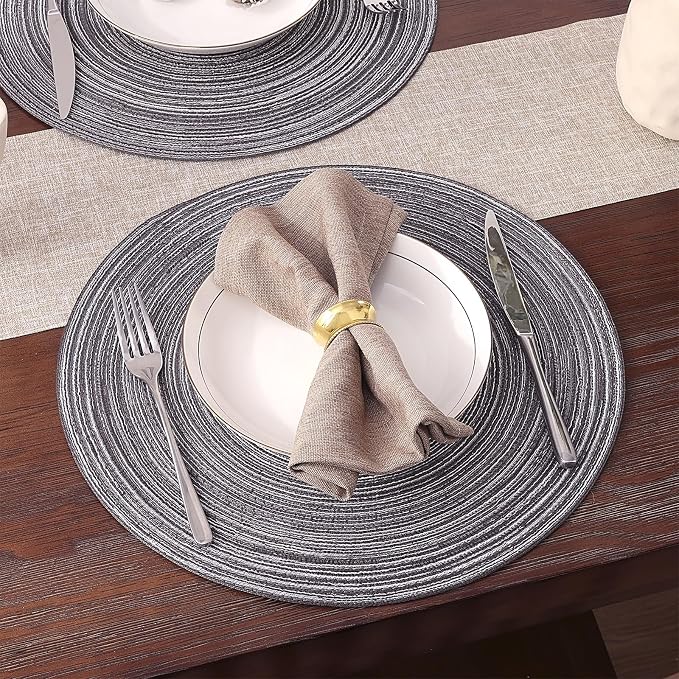 SHACOS Round Braided Placemats Set of 6 Round Table Mats 15 inch Cotton Washable for Holiday Party (Black Grey, 6)