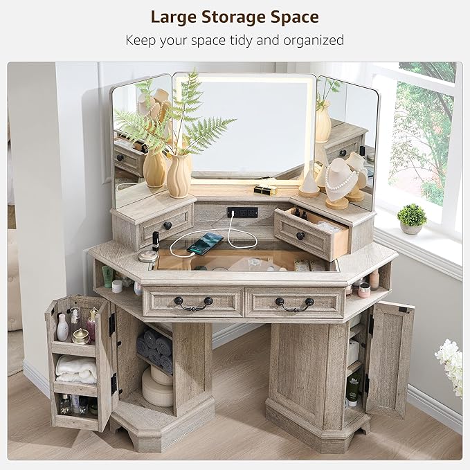 T4TREAM Makeup Vanity Desk 48" with 3 Way Mirror and Lights, Large Farmhouse Corner Vanity Dressing Table with Glass Top & Charging Station, 3 Drawers & 2 Storage Cabinets, Light Rustic Oak
