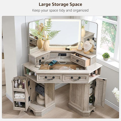 T4TREAM Makeup Vanity Desk 48" with 3 Way Mirror and Lights, Large Farmhouse Corner Vanity Dressing Table with Glass Top & Charging Station, 3 Drawers & 2 Storage Cabinets, Light Rustic Oak