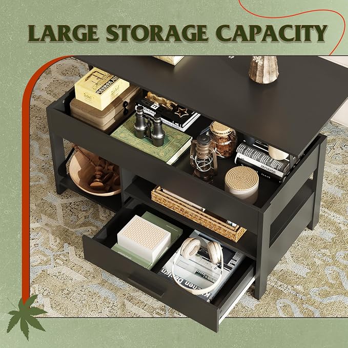 WLIVE Coffee Table, 39" Lift Top Coffee Table with Hidden Compartment, Storage Drawers and Storage Shelf for Living Room, Reception Room, Black