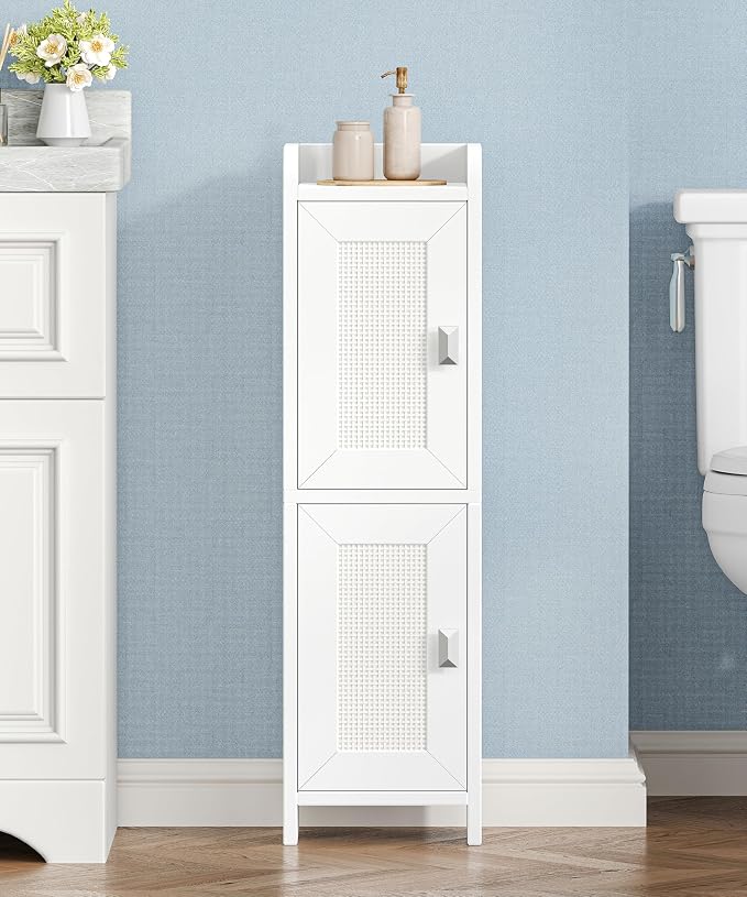 Akxomel Rattan Small Bathroom Cabinet with 2 Doors, 7.9''D x 7.9''W Narrow Toilet Paper Storage Cabinet, Bathroom Organizer for Small Spaces, Slim Corner Unit with Adjustable Shelf, White Rattan