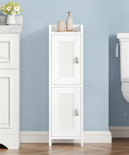 Akxomel Rattan Small Bathroom Cabinet with 2 Doors, 7.9''D x 7.9''W Narrow Toilet Paper Storage Cabinet, Bathroom Organizer for Small Spaces, Slim Corner Unit with Adjustable Shelf, White Rattan