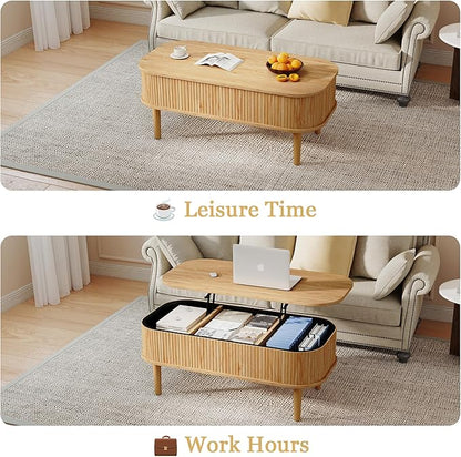 Fluted Lift Top Coffee Table with Hidden Storage, Oval Coffee Table with Lifting Top, Mid Century Modern Design for Living Room, Office & Small Spaces, Natural