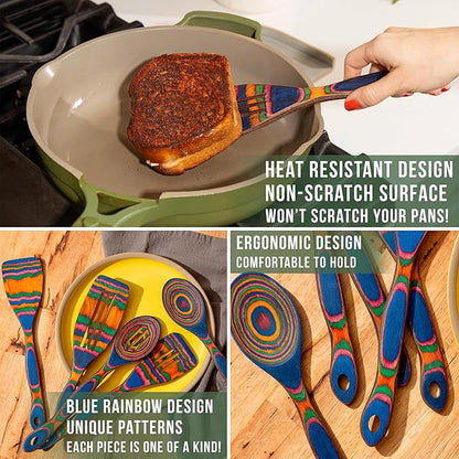5pc Wood Cooking Utensils Set - Wooden Spoons for Cooking – Pakka Wood Utensils for Cooking and Serving – Comfortable Grip and Non Stick (Blue Rainbow)