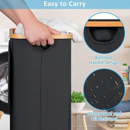 efluky Slim Laundry Basket with Wheels, Narrow Rolling Laundry Hamper with Lid and Removable Bag, Aesthetic Dirty Clothes Hamper on Wheels for Laundry Room, Bedroom, Dorm and Bathroom, 75L Dark Black