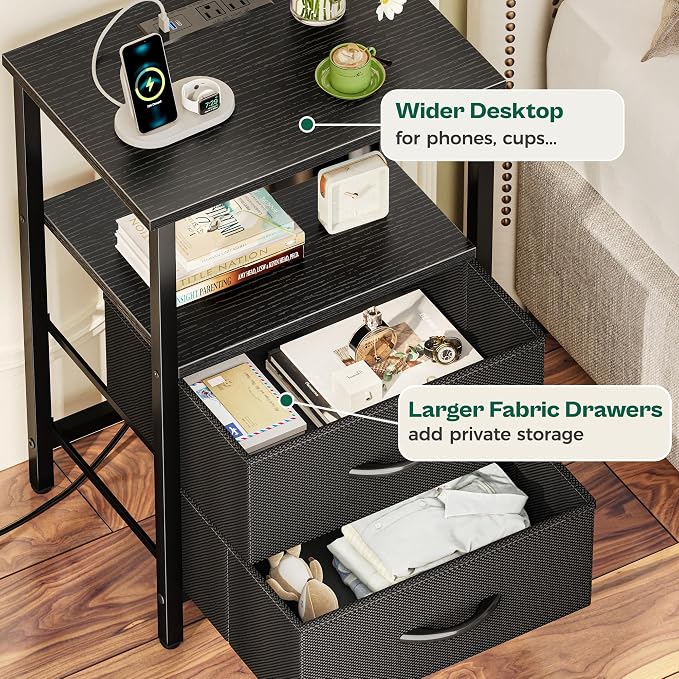 Huuger Night Stand with Charger Station and LED Lights, 2 Drawer Nightstand, Bed Side Table with Open Shelf, End Table, Fabric Drawers for Bedroom, Black