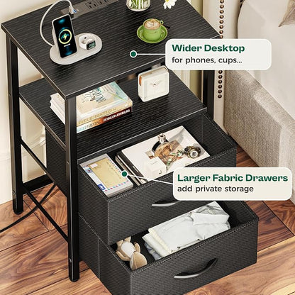 Huuger Night Stand with Charger Station and LED Lights, 2 Drawer Nightstand, Bed Side Table with Open Shelf, End Table, Fabric Drawers for Bedroom, Black
