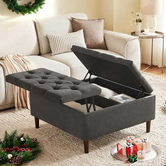 Weture 35 Inch Extra Large Storage Ottoman Coffee Table, No Assembly Required, Oversized Square Ottoman with Storage, Tufted Upholstered Ottomans Coffee Table for Living Room (Fabric, Dark Grey)