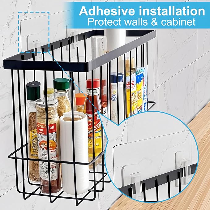 Wall Organizer Baskets, Lid Organizers Inside Cabinet with 2 Caddy Adhesive, Cabinet Door Organizer with 2 Sponges, 4 Hooks, Cabinet Door Storage for Foil Aluminum Roll, Black, 2 Pack (Small, Medium)