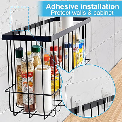 Wall Organizer Baskets, Lid Organizers Inside Cabinet with 2 Caddy Adhesive, Cabinet Door Organizer with 2 Sponges, 4 Hooks, Cabinet Door Storage for Foil Aluminum Roll, Black, 2 Pack (Small, Medium)