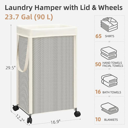 STORAGE MANIAC Laundry Hamper with Wheels, 90L (23.7 Gal) Large Tall Rolling Laundry Basket with Removable and Washable Liner Bag, Aesthetic Dirty Clothes Hamper for College, Dorm, Off-white