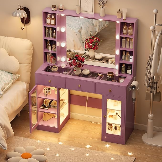 Purple Vanity Desk with Mirror and Lights, Glass Top Vanity with Lighted Mirror & RGB Glass Cabinet and 3 Drawers, Makeup Desk with Lights Dressing Table for Bedroom, 3 Color Modes