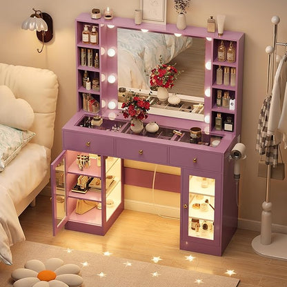 Purple Vanity Desk with Mirror and Lights, Glass Top Vanity with Lighted Mirror & RGB Glass Cabinet and 3 Drawers, Makeup Desk with Lights Dressing Table for Bedroom, 3 Color Modes