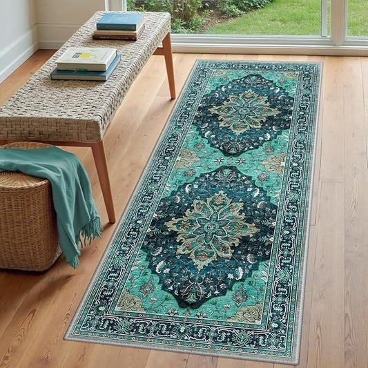 RELEANY Area Rugs Runner 3'x7' Washable Non-Slip, Floral Vintage Distress Medallion Carpet for Kitchen Hallway Bedroom Beside Laundry Room Bathroom, Teal Green Lake Blue Turquoise