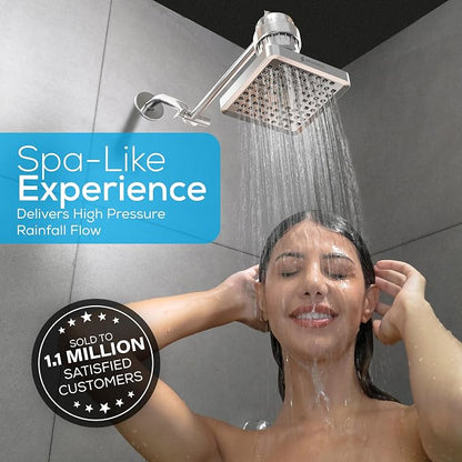 SparkPod Rain Shower Head, 6 Inch Square | High Pressure Shower Heads, 90 Nozzle (Touch-to-Clean), Adjustable Showerhead, No-tool Universal Connection