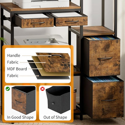 JUSTOGO Printer Stand with 4 Drawer, 43" x 36" x 16" Extra Large File Cabinet with Open Storage Shelf, 5 Tier Printer Table Lateral Filing Cabinet for Home Office, Rustic Brown