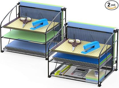Simple Houseware 3-Tier Desk Organizer with Hanging File Holder, 2 Packs, Black