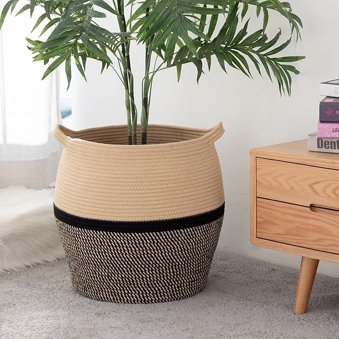 KAKAMAY Woven Baskets for Storage(17"x17"),Large Cotton Rope Woven Baby Laundry Hamper,Collapsible Laundry Basket, Blanket Basket for Organizing Living Room,Nursery,Clothes,Toy chest (Black)