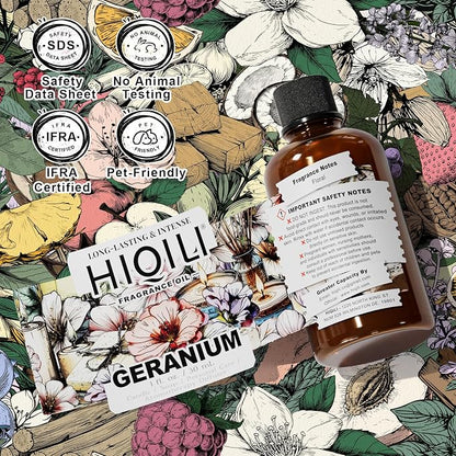 HIQILI Geranium Fragrance Oil for Home Diffuser, Relaxation, Essential Oil for Candle & Soap Making, Long-Lasting Scents, Car Freshies - 1 Fl Oz