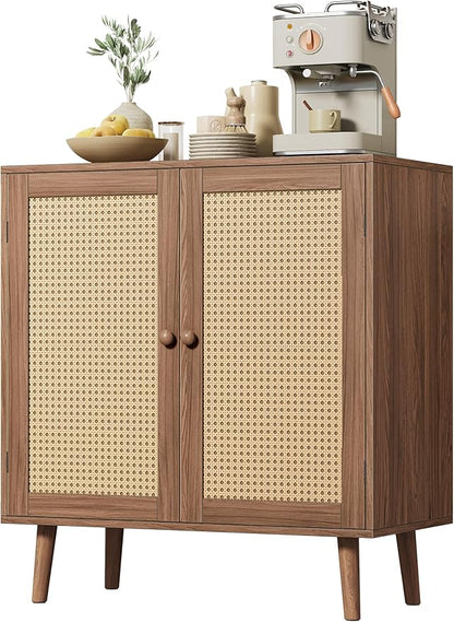 Huuger Buffet Cabinet with Storage, Storage Cabinet with Synthetic Rattan Decor Doors, Accent with Solid Wood Feet, Sideboard for Hallway, Entry, Living Room, Walnut