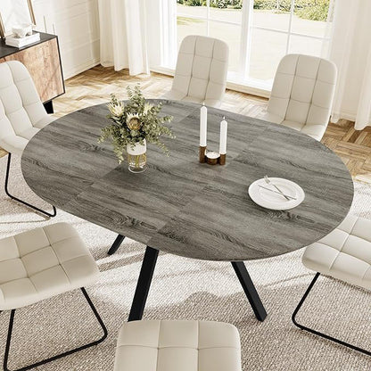 Extendable Round Dining Table Set for 6 People, 43.3"-59.1" Extendable Kitchen Table with 6 Upholstered Chairs, Space Saving for Kitchen Dining Room (Grey Table+6 U-Shaped White Chairs)