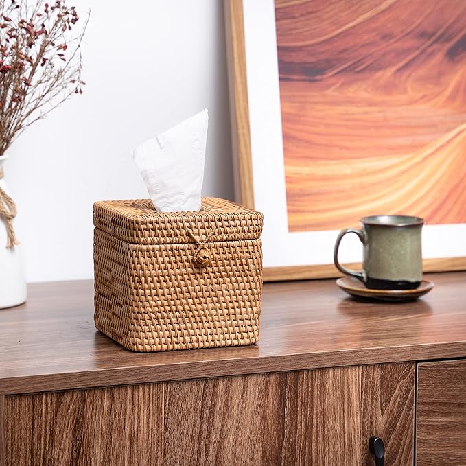 Rattan Square Tissue Box Cover- 5.7" x 5.7" x 5"-Decorative Woven Facial Tissue Holder with Hinged Top Lid- Facial Box for Home, Office,Bathrooms, Decoration (Yellow)