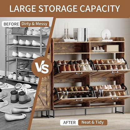 Shoe Cabinet with 4 Flip Drawers, Freestanding Hidden Shoe Storage Organizer for Entryway, Narrow Slim Shoe Rack Cabinet with Open Storage & Hooks for Front Door Entrance, Living Room, Hallway, Brown