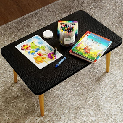 Square Coffee Table Low Table with 4 Solid Wood Sturdy Legs,Floor Table Desk for Sitting on The Floor,19.7"D x 31.5"W x 16"H Inches,Living Room/Toy room Furniture,Rental house Furniture(Black-Square)