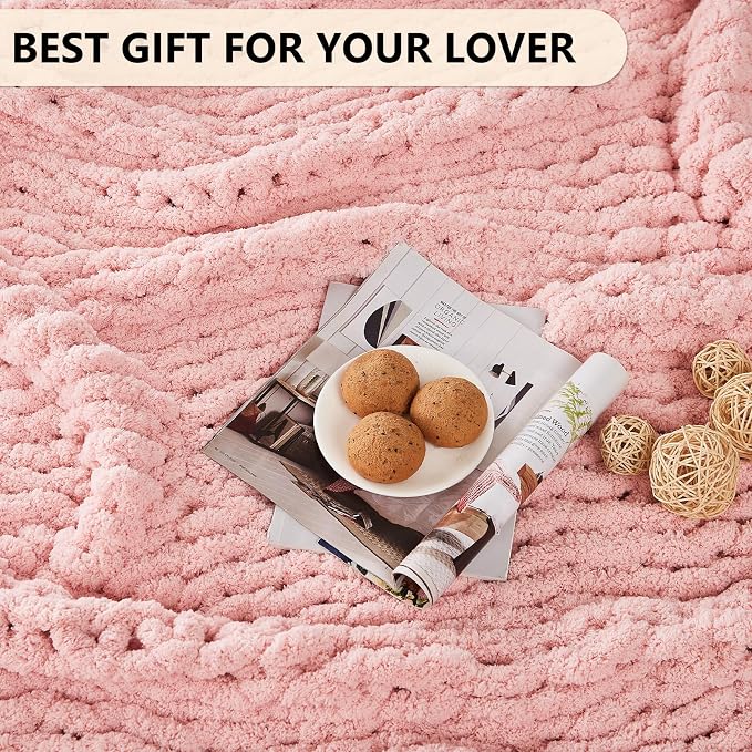 L'AGRATY Chunky Knit Chenille Blanket Throw - 50x60, Pink: Soft, Breathable, Machine Washable, Perfect for Bed, Couch, or Gift
