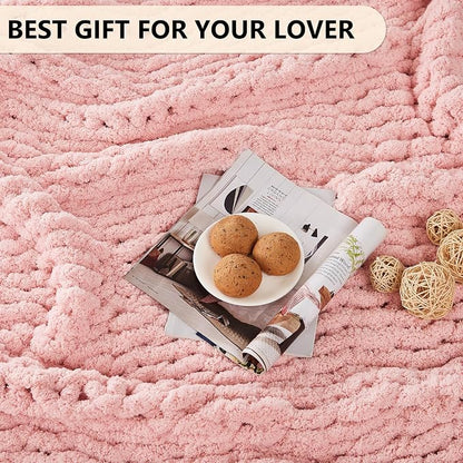 L'AGRATY Chunky Knit Chenille Blanket Throw - 50x60, Pink: Soft, Breathable, Machine Washable, Perfect for Bed, Couch, or Gift