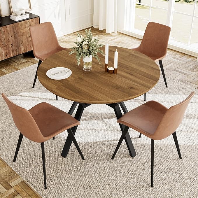 Extendable Round Dining Table Set for 4-6 People, 43.3"-59.1" Extendable Kitchen Table with 4 Upholstered Chairs, Space Saving for Kitchen Dining Room (Walnut Table+4 Brown Chairs)