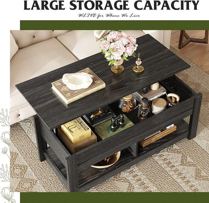 WLIVE Coffee Table, 47" Lift Top Coffee Table with Hidden Compartment and 2 Storage Shelves for Living Room, Black Oak