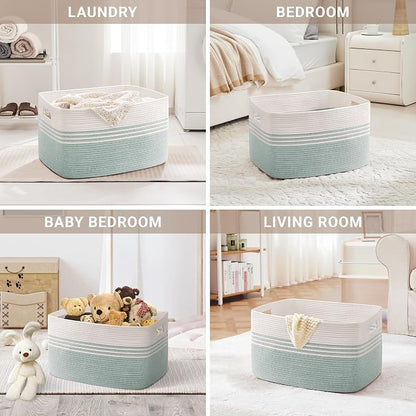 60L Laundry Basket for Living Room Storage, Woven Rope Baskets Bin for Blanket, Kids Toy, Gifts, Wicker Hamper for Bedroom Dirty Clothes, White Green