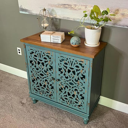 PHI VILLA Blue Accent Cabinets, Small Buffet Sideboad Cabinet, Hollow Carved 2 Door Credenza, Farmhouse Storage Cabinet for Living Room