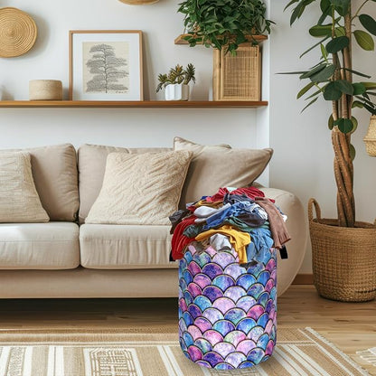 Colorful Mermaid Scales Laundry Basket Foldable Oxford Cloth Beautiful Fish Scales Laundry Hamper With Handle Clothes Storage Organizer Basket 18.9"x16.5"Storage Bag For Laundry Room/Bathroom/Bedroom