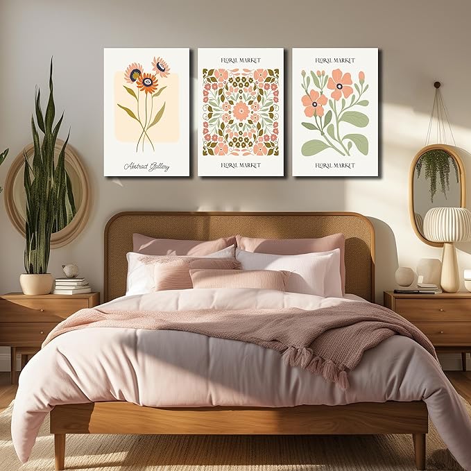 SKYRISE 3 PCS Boho Floral Canvas Wall Art, Rustic Botanical Canvas Paintings Prints ArtWork for Living Room, Vintage Flower Pictures for Farmhouse Dining Room Hallway Bedroom Wall Decor 24"x36"