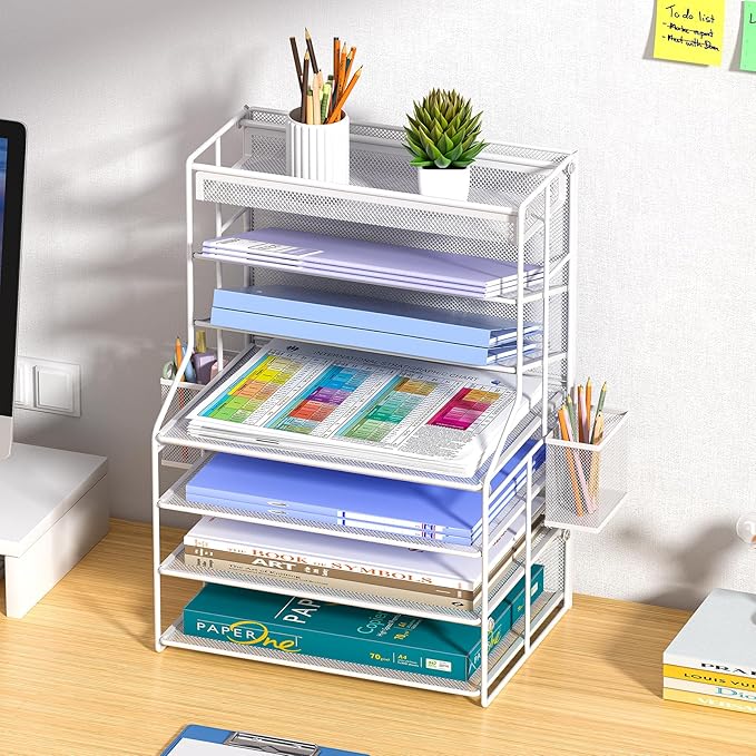 7 Tier Desk File Organizer,Metal Document Holder with Adjustable Shelves, Pull-Out Drawer & Removable Pen Holder for Office Organization,White