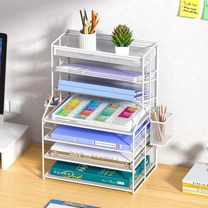 7 Tier Desk File Organizer,Metal Document Holder with Adjustable Shelves, Pull-Out Drawer & Removable Pen Holder for Office Organization,White