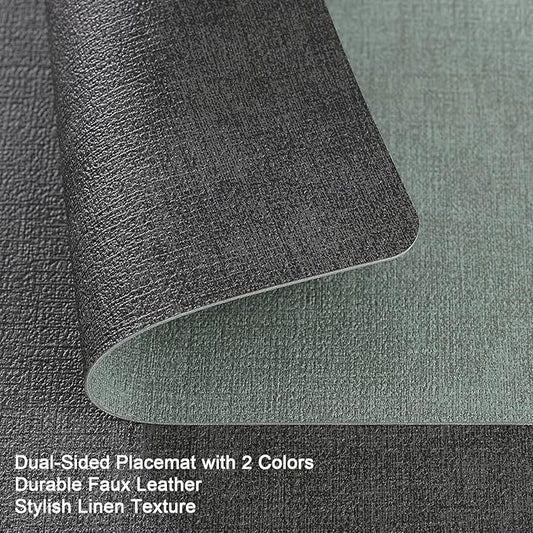 Myir JUN Dual Sided Faux Leather Placemats Set of 4 for Indoor Outdoor Dining Tables, Square Non-Slip Washable Wipeable Table Mats (Gray Sage Green)
