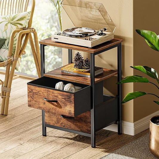 Huuger Night Stand Set 2, Nightstand with 2 Drawers, Bed Side Table with Open Shelf, Wooden Top, End Table, Fabric Drawer, for Bedroom, Rustic Brown