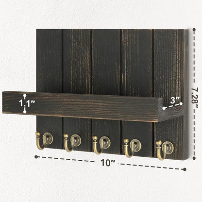 Rebee Vision Pine Wood Key Holder Wall Mount with Floating Shelf – Farmhouse Key Holder for Wall to Maximize Storage Solutions – Mail Organizer for Office Decor (3.54" x 10" x 7.28", Distressed Black)