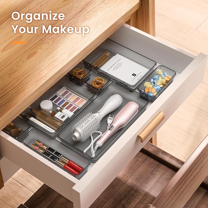 A-LuGei 【Military Grade Drawer Organizer, 【𝟱𝗦𝗶𝘇𝗲】 Makeup organizer, 【Holds 177 Items】 Bathroom Organizers and Storage, Organization and Storage, Desk Drawer Organizer for Vanity (Clear Black)