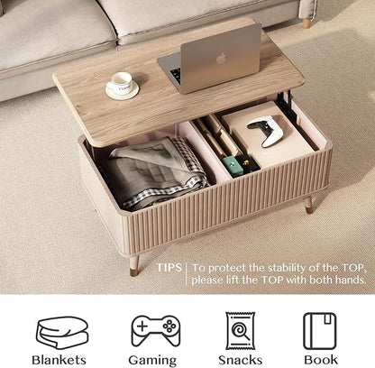 SULIVES Lift Top Coffee Table with Storage,Fluted Coffee Table with Lifting Top,Mid Century Modern Center Table with Solid Wood Legs,Small Coffee Tables for Living Room,Oak
