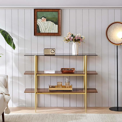 Glass Console Table for Living Room, Foyer & Entryway, L41 x W14 x H31 Inch, 3-Tier Mid-Century Modern Sofa Table with Amber Glass Top, Walnut Finish Wood Shelf and Gold Finish Frame