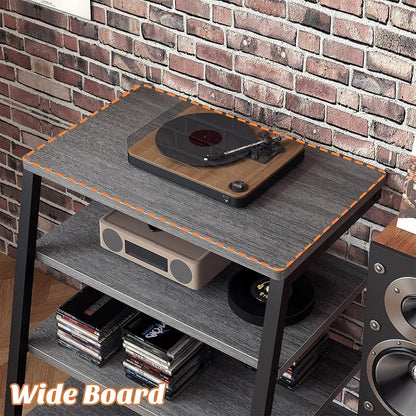 Besiost AV Media Stand with Outlets, Media Console with LED Lights, Stereo Racks and Stands with Storage Shelves, Media Audio Tower Stand, Light Grey Walnut