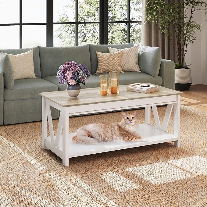 WLIVE Coffee Table, 43" Farmhouse Coffee Table with Storage Shelf & Sturdy V-Shaped Support, Wood Center Table for Living Room, Bedroom, Office and Balcony, White