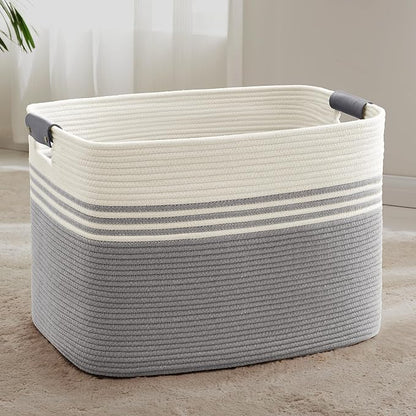 SunNewt 100L Extra Large Laundry Basket with Leather Handles for Living Room Storage, Woven Rope Baskets for Blanket, Kids Toy, Gifts, Wicker Hamper for Bedroom Dirty Clothes, 24"x16"x16" White Grey
