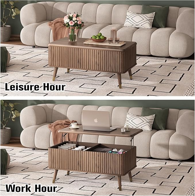 SULIVES Lift Top Coffee Table with Storage,Fluted Coffee Table with Lifting Top,Mid Century Modern Center Table with Solid Wood Legs,Small Coffee Tables for Living Room,Walnut